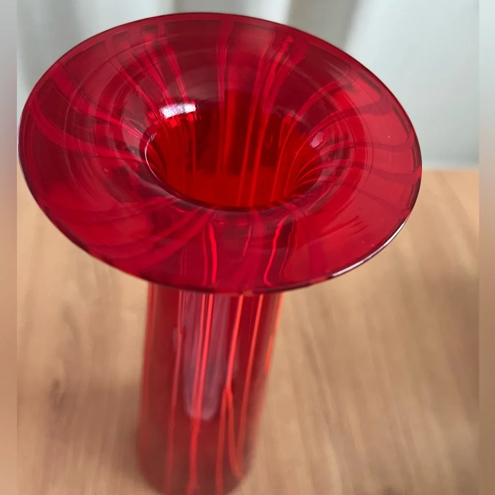 Tall Modern Red Vase Flat Top Tall Art Glass Handblown Pontil mark, Crate&Barrel